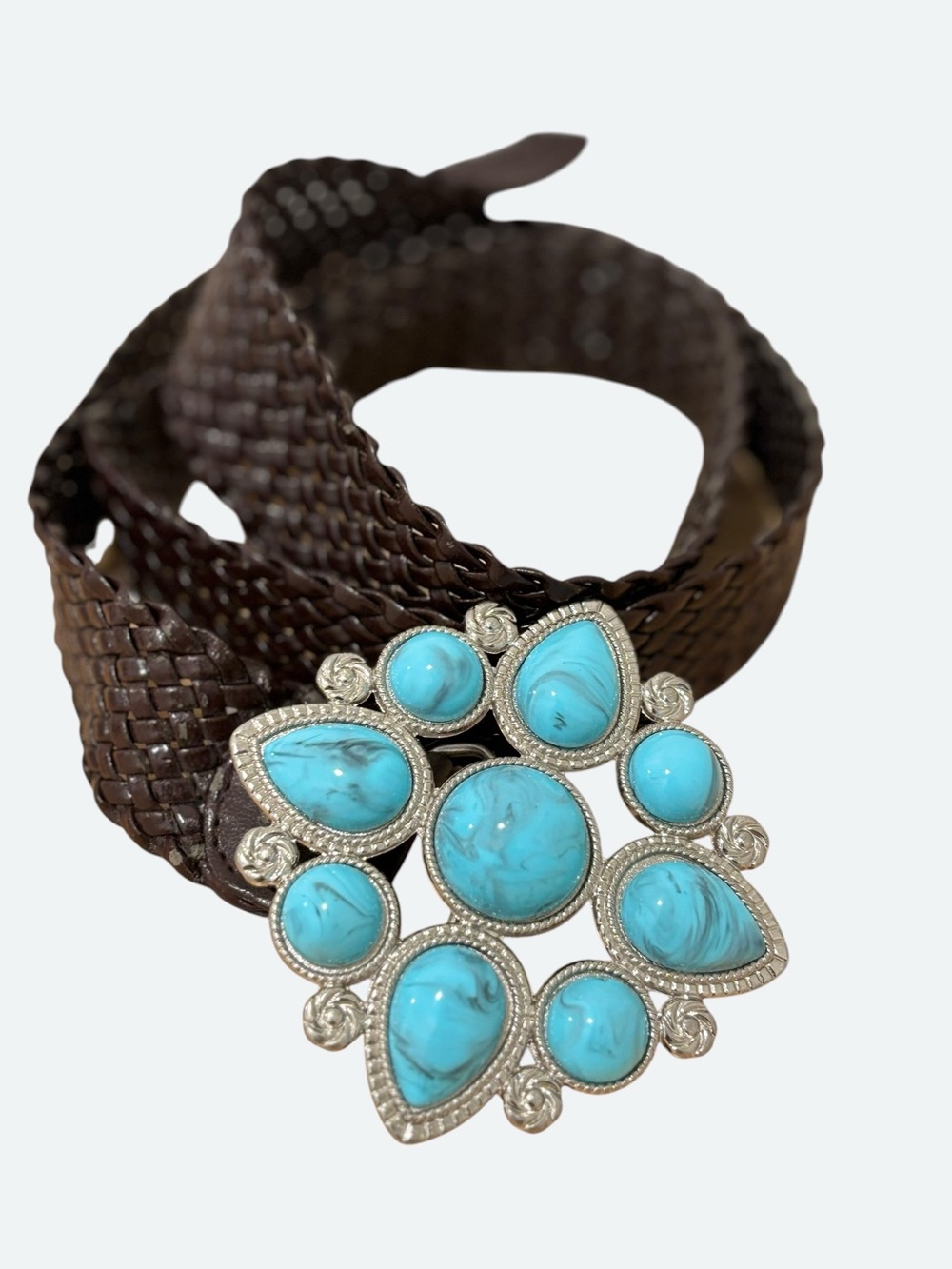 Brown Woven Leather Belt with Turquoise Stone Concho Size L
